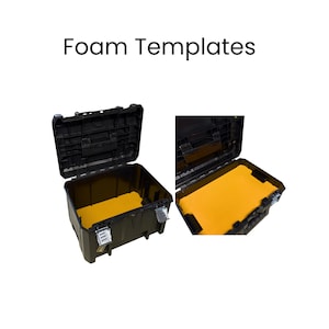 May include: Black plastic toolboxes with open lids, revealing yellow foam inserts. The text "Foam Templates" is displayed above the toolboxes. The toolboxes have silver latches and are designed for organization and storage.
