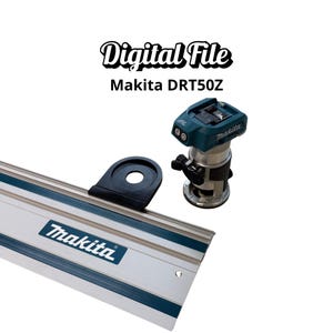 Pode incluir: Imagem digital de uma Makita DRT50Z. A imagem mostra uma fresadora turquesa e prateada, um acessório preto e uma guia prateada com detalhes turquesa. O logotipo da Makita é visível na guia. As palavras "Digital File" estão acima.
