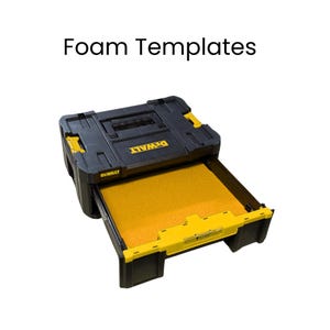 May include: Black and yellow tool storage box with a drawer containing yellow foam. The text "Foam Templates" is above the box. The brand name "DeWalt" is visible on the box.