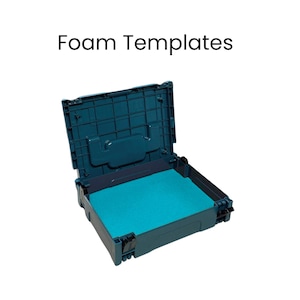May include: An open teal storage case with a teal foam insert. The case is made of a durable plastic material and has a hinged lid. The text "Foam Templates" is displayed in black.