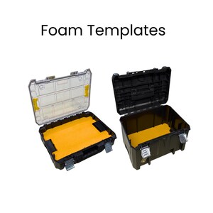 May include: Two black toolboxes with yellow foam inserts. One toolbox has a clear lid with compartments, and the other is open. The text "Foam Templates" is displayed above the toolboxes.