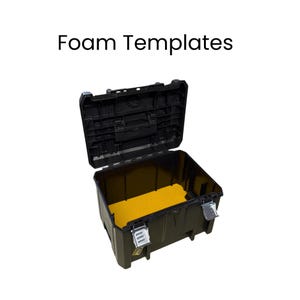 May include: Black plastic toolbox with the lid open, revealing a yellow foam insert. The toolbox has silver latches and the text "Foam Templates" is displayed above the toolbox.