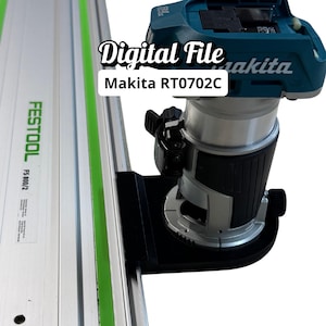 Pode incluir: Uma fresadora Makita RT0702C turquesa e prateada fixada a um trilho guia Festool FS 800/2. A imagem inclui o texto "Digital File". A fresadora é montada numa base preta.
