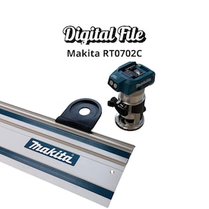 Pode incluir: Uma fresadora Makita RT0702C com corpo turquesa e preto, base preta e guia prateada. A guia tem listras turquesas e o logotipo da Makita. O texto "Digital File" e "Makita RT0702C" são exibidos.