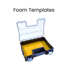 May include: An open black plastic storage case with a clear lid. The interior has a yellow foam insert. The text "Foam Templates" is above the case.
