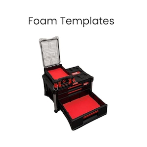 May include: Black tool chest with red foam inserts. The chest has multiple drawers and compartments, with the top compartment open. The text "Foam Templates" is displayed above the chest.