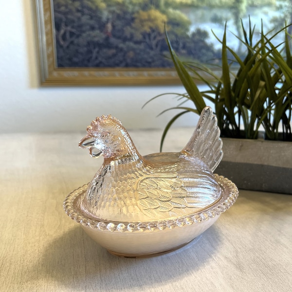 Candle in a Light Pink Indiana Glass Hen on a Nest