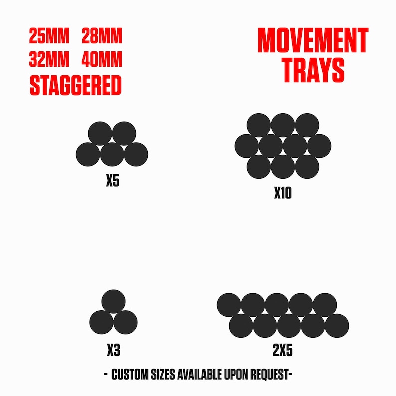 Pode incluir: A imagem mostra objetos circulares pretos dispostos em v&aacute;rias configura&ccedil;&otilde;es, rotulados X5, X10, X3 e 2X5. O texto na parte superior diz "MOVEMENT TRAYS" e "25MM 28MM 32MM 40MM STAGGERED". O texto na parte inferior diz "- CUSTOM SIZES AVAILABLE UPON REQUEST-".