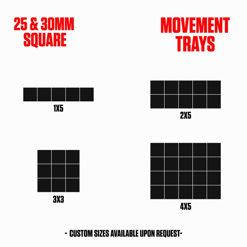 K&ouml;nnte beinhalten: Schwarze quadratische Bewegungstabletts in verschiedenen Konfigurationen: 1x5, 2x5, 3x3 und 4x5. Der Text gibt Gr&ouml;&szlig;en von 25 und 30 mm Quadrat an. Der Satz "Sondergr&ouml;&szlig;en auf Anfrage erh&auml;ltlich" ist ebenfalls enthalten.