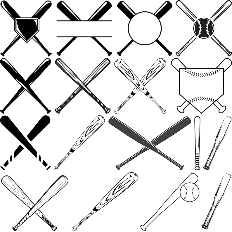 May include: A set of 10 black and white baseball bat and ball clip art images. The images include bats crossed, bats crossed with a baseball, bats crossed with a home plate, bats crossed with a circle, and bats crossed with a blank banner.