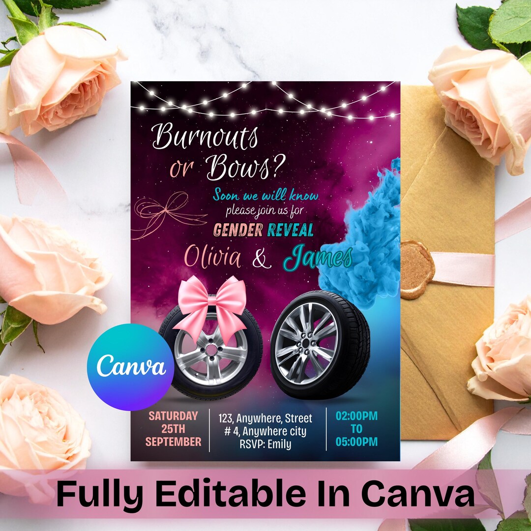 Burnouts or Bows Gender Reveal Invitation, Editable Canva Template (PDF
