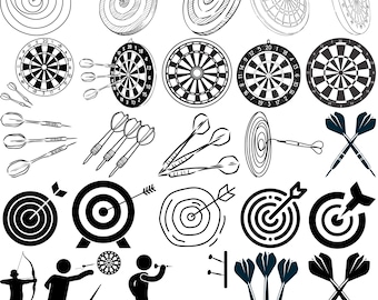 Puede incluir: Una colección de ilustraciones en blanco y negro de dianas y dardos. Las ilustraciones están en una variedad de estilos, incluyendo realistas, de dibujos animados y abstractas. Algunas de las ilustraciones incluyen números en las dianas, mientras que otras no. Todas las ilustraciones están sobre un fondo blanco.