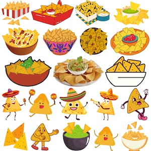 Può includere: Un'illustrazione colorata di vari tipi di nachos, tra cui ciotole di nachos con condimenti come formaggio, salsa e guacamole, nonché chip individuali con facce dei cartoni animati.