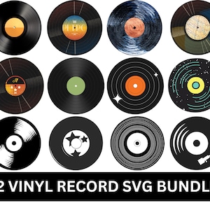 May include: Twelve different vinyl record designs in a digital SVG bundle. The designs include a variety of colors, patterns, and textures, such as black, white, blue, green, yellow, and red. Some designs feature stars, lines, and circles.