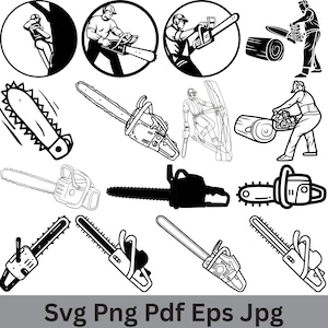 May include: Black and white illustrations of people using chainsaws to cut down trees and logs. The illustrations are in a variety of poses and styles. The chainsaws are shown in detail, with the teeth and chain clearly visible. The illustrations are perfect for use in a variety of projects, such as websites, brochures, and social media.