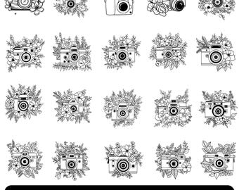 May include: A set of 20 black and white illustrations of vintage cameras with floral accents. Each camera is surrounded by flowers and leaves. The illustrations are perfect for crafting projects, scrapbooking, or digital design.