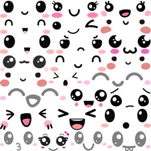 Paquete SVG de caras kawaii, caras de emoji de dibujos animados svg, caras digitales, caras de emoji svg, siluetas de caras sonrientes, caras de anime, arte de pegatinas,