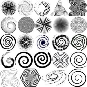 Könnte beinhalten: Eine Sammlung von 28 schwarzen und weißen Spiralmustern. Die Spiralen sind in verschiedenen Formen und Größen, einige sind einfach und andere komplexer.