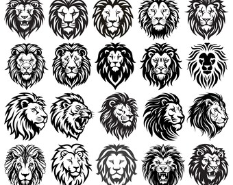 May include: A collection of black and white lion head illustrations. The images showcase various artistic styles, including front-facing and profile views, with detailed manes and expressions. The designs are suitable for graphic design projects.