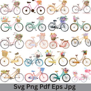花柄自転車SVGバンドル、花付きレトロ自転車SVG、バスケット付き自転車SVG、花柄自転車PNG、自転車愛好家クリップアート、自転車シルエット
