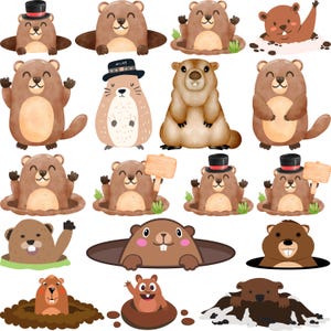 May include: A collection of 15 watercolour illustrations of groundhogs in various poses, some wearing hats, holding signs, or peeking out of holes. The illustrations are on a white background.