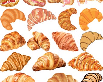 Puede incluir: Una colección de 17 ilustraciones de acuarela de diferentes croissants, algunos con rellenos de chocolate, fresa o crema. Los croissants se representan en diferentes formas y tamaños, con una variedad de colores y texturas.