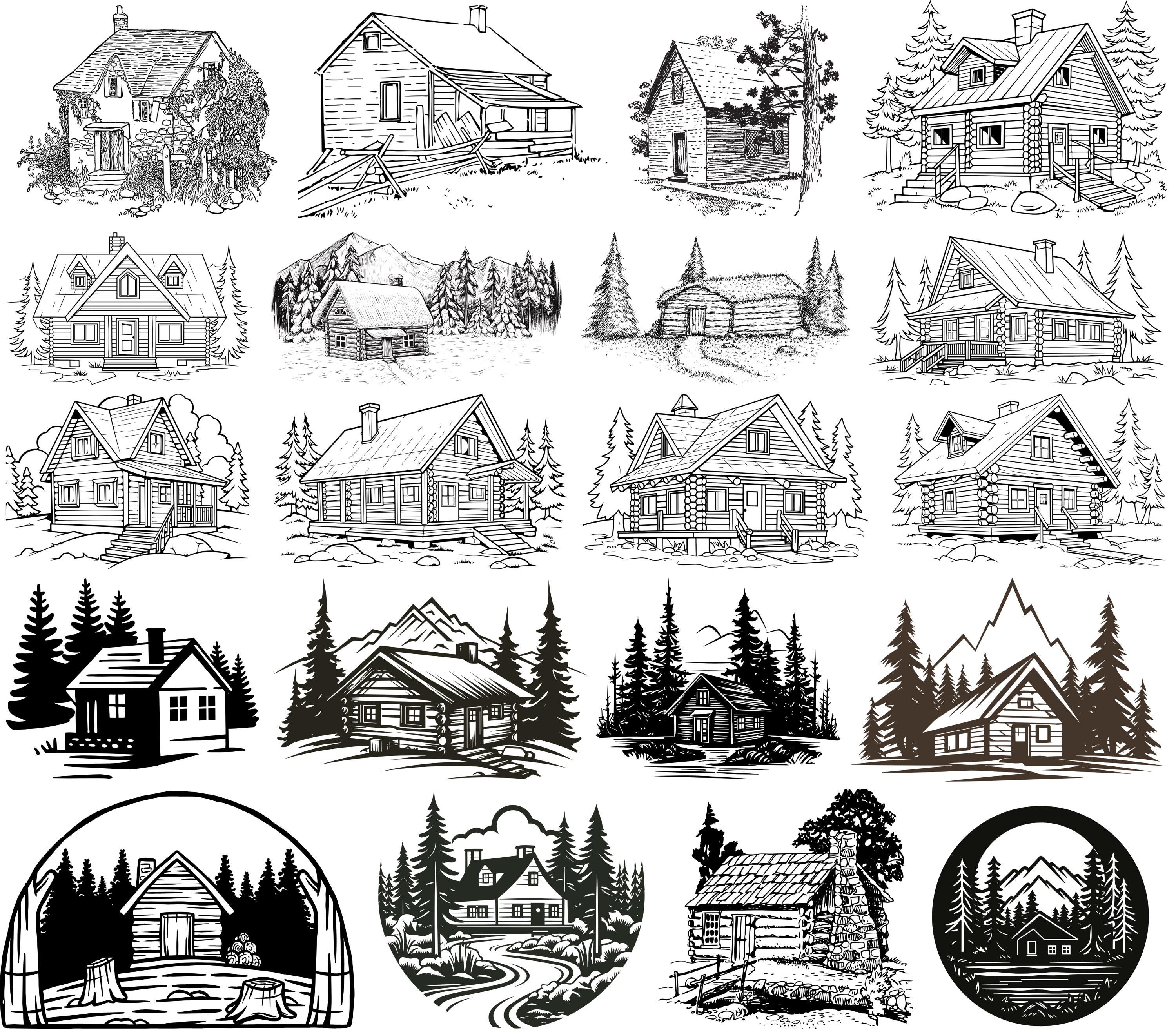 Rustic Wooden Cabin SVG Bundle, Log cabin svg, Mountain Svg Bundle, Wood House Outline House Decal, Wooden Cabin Silhouette, Cabin Vector,
