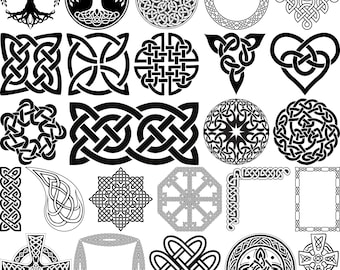 May include: A set of 25 black and white Celtic knot designs. The designs include a variety of shapes, including circles, squares, hearts, and crosses. The knots are intricate and detailed, and they would be perfect for use in a variety of crafts and projects.