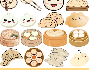 May include: A collection of cartoon illustrations of various types of dumplings, including steamed buns, potstickers, and dumplings in bamboo steamers. The illustrations are in a variety of colors, including white, brown, and beige.