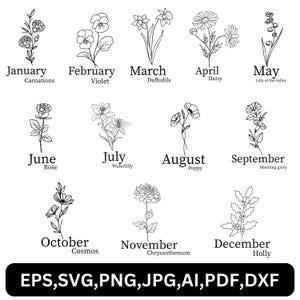 Birthmonth flower svg, Flower svg bundle, Birthmonth wildflower png, Birthday flower clipart, Botanical svg, Rose svg, Poppy svg, Floral svg