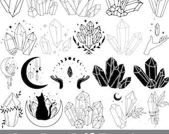 Puede incluir: Un conjunto de 18 ilustraciones en blanco y negro de cristales, lunas, manos y un gato. Las ilustraciones son perfectas para manualidades, scrapbooking o diseño digital.