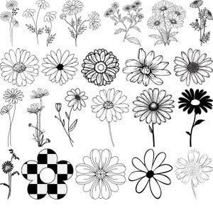 May include: A collection of black and white line drawings of daisies and other flowers. The drawings are in various styles and sizes, and some have a chequered pattern.