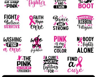 Paquete de svg de cáncer de mama, svg de lucha contra el cáncer, svg de octubre rosa, svg de concientización sobre el cáncer, svg de lucha contra el cáncer de mama, svg de lazo rosa, archivos Cricut
