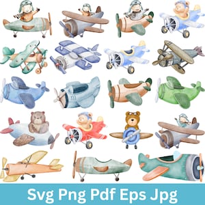 Watercolor Airplanes Clipart Bundle, Cute Aviator Bear Clipart, Boy Nursery Aircraft Helicopter, blue helicopter , watercolor airship