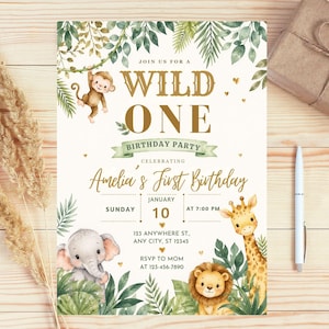 May include: A Wild One birthday party invitation with jungle animal illustrations. The invitation features a monkey, elephant, lion, and giraffe. The text includes the name "Amelia", date, time, and RSVP information. Green foliage and gold accents complete the design.
