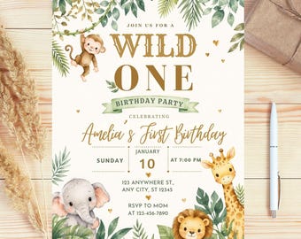 Safari eerste verjaardag Evite, Wild One Birthday, 1e verjaardag digitale uitnodiging, Jungle eerste verjaardag Evite, Canva-sjabloon