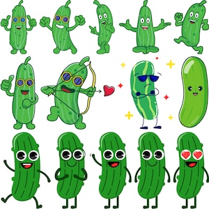 Pode incluir: Uma coleção de pepinos de desenho animado em várias poses e expressões. Alguns pepinos usam óculos de sol, enquanto outros seguram um arco e flecha ou têm olhos em forma de coração. Os pepinos são verdes com detalhes brancos.