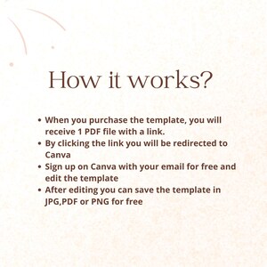 May include: A text-based graphic explaining how to use a digital template. The graphic has a light peach background with a brown text overlay. The text reads: "How it works?"  When you purchase the template, you will receive 1 PDF file with a link. By clicking the link you will be redirected to Canva. Sign up on Canva with your email for free and edit the template. After editing you can save the template in JPG, PDF or PNG for free.