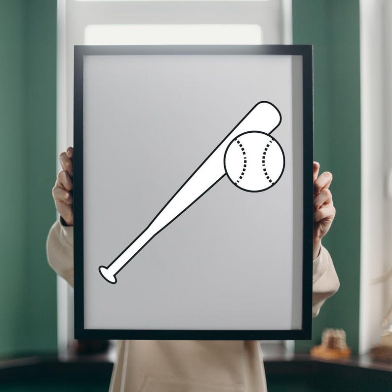 May include: A black framed picture with a white outline of a baseball bat and ball.