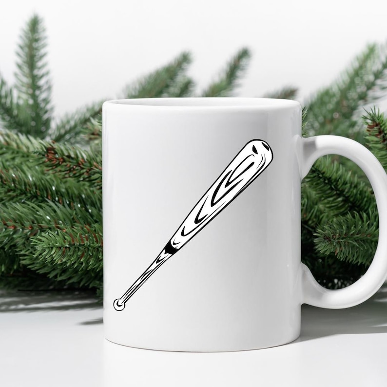 May include: White ceramic mug with a black silhouette of a baseball bat.