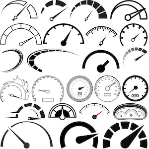 May include: A collection of black and white speedometer icons. The speedometers are in various styles and designs, including circular, semi-circular, and linear. Some speedometers have numbers and markings, while others are more abstract.