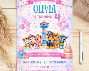 Modello di invito di compleanno modificabile Paw-ty, invito per festa per bambini, compleanno di cuccioli di Puppy Patrol per ragazzi e ragazze, download immediato