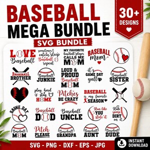 May include: A digital collection of over 30 baseball-themed graphic designs in black and red text, featuring phrases like Baseball Mom, Baseball Dad, and Baseball Brother, alongside illustrations of baseballs, bats, and hearts on a white background.
