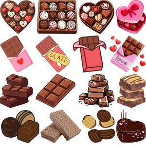 Op de afbeelding: Een assortiment chocolade lekkernijen, waaronder hartvormige doosjes met chocolaatjes, chocolade repen en chocolade vierkantjes. Er zijn ook chocolade wafels, brownies en een chocoladetaart.