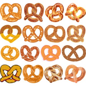 Puede incluir: Una colección de 15 ilustraciones de pretzels en varias formas y colores, incluyendo marrón, amarillo, naranja y blanco. Los pretzels están dispuestos en una cuadrícula sobre un fondo blanco.