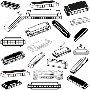 May include: A collection of black and white line drawings of harmonicas. The harmonicas are drawn in various styles and sizes, with some featuring musical notes.