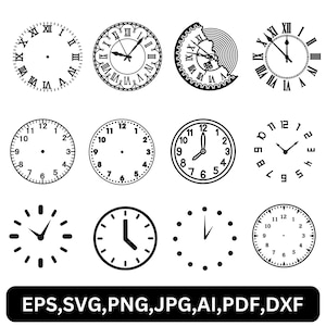 Könnte beinhalten: Ein Satz von zehn schwarz-weißen Uhrzifferblatt-Illustrationen. Die Uhrzifferblätter sind in verschiedenen Stilen gehalten, darunter römische Ziffern, arabische Ziffern und minimalistische Designs.