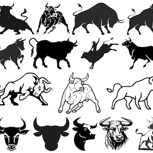 May include: A collection of black and white bull silhouettes in various poses. The bulls are depicted in a classic, stylized design, with sharp lines and bold features.