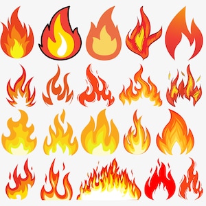 May include: A collection of 20 cartoon fire flames in various shapes and sizes. The flames are drawn in red, orange, and yellow.