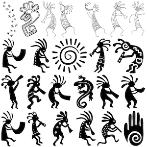 May include: A collection of black and white stylized illustrations of Native American petroglyphs. The images include figures of people, animals, and geometric shapes.